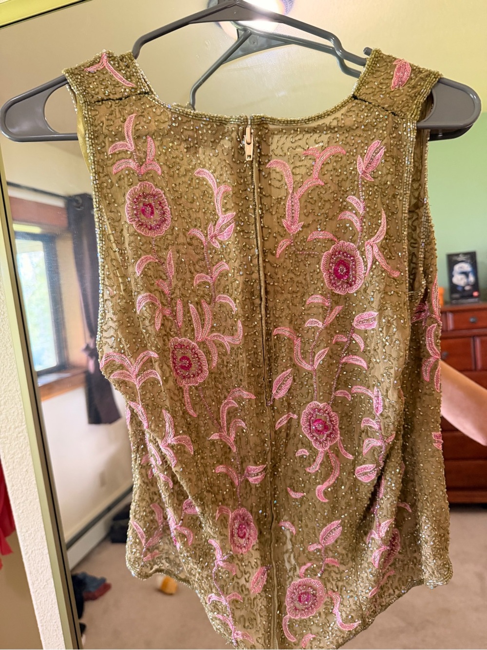 Boho Garden Fairy Beaded Floral Sleeveless Blouse - Pink on Olive - Picture 3 of 4